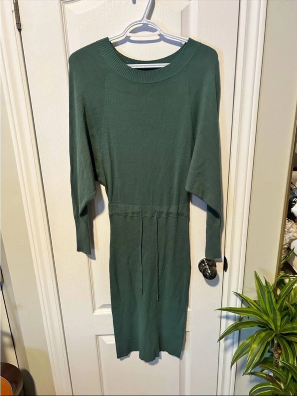 RW&CO. Long Sleeve Knit Drawstring Waist Dress in Forest Green